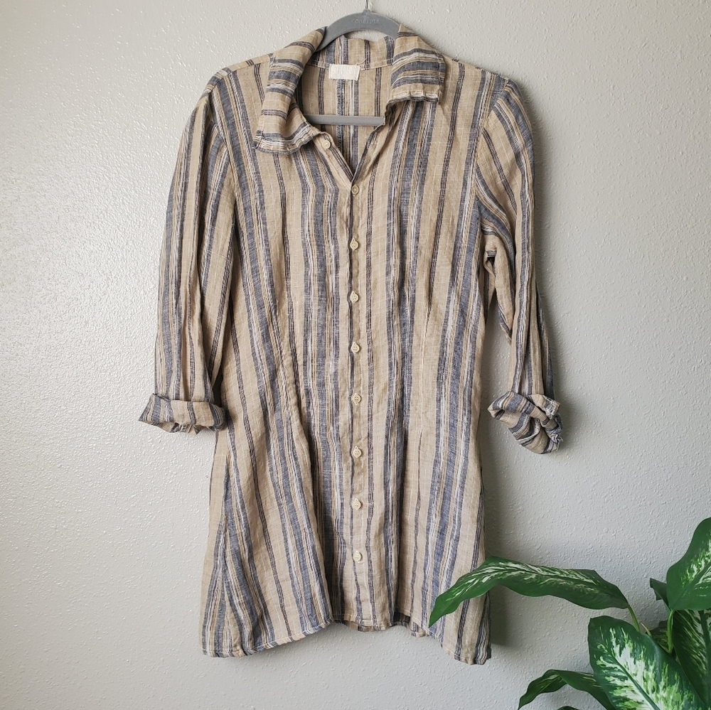 CP Shades Shirt Linen Brown Striped Button Down Business Minimalist Tunic Top XS